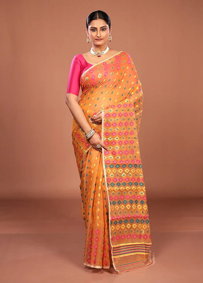 Yellow Jamdani Cotton Saree Without Blouse Piece - Image 2