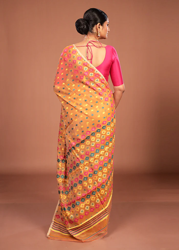 Yellow Jamdani Cotton Saree Without Blouse Piece - Image 3