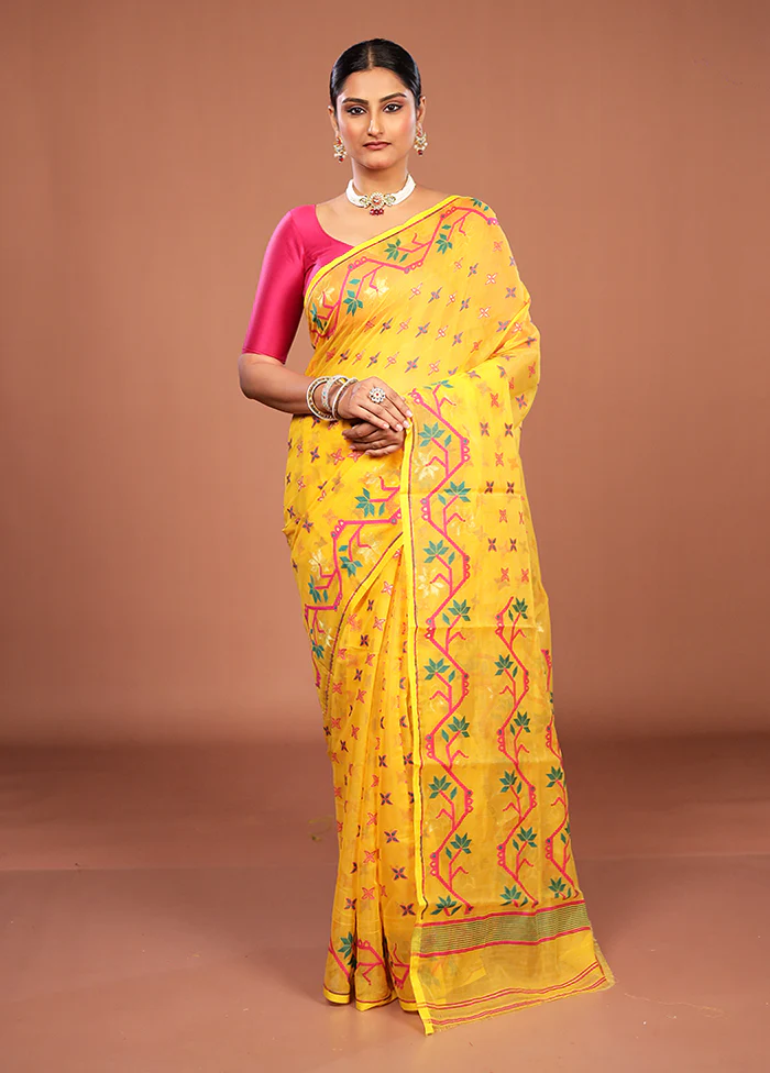 Yellow Jamdani Cotton Saree Without Blouse Piece - Image 2