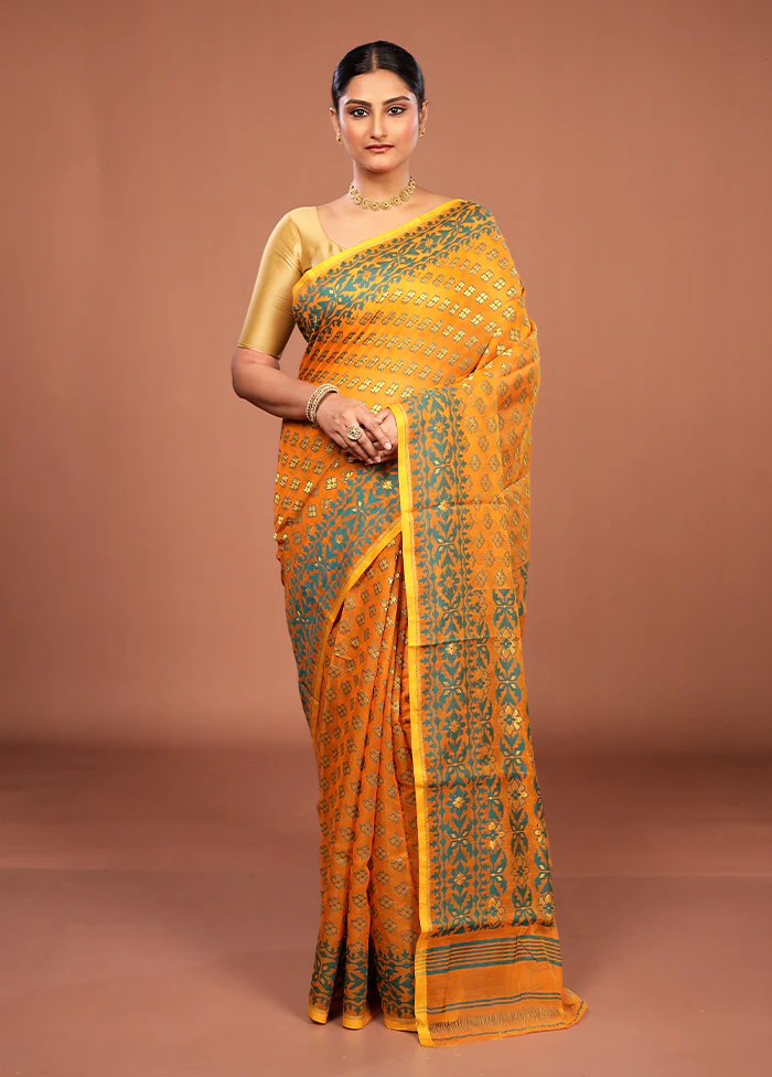Yellow Jamdani Cotton Saree Without Blouse Piece - Image 2