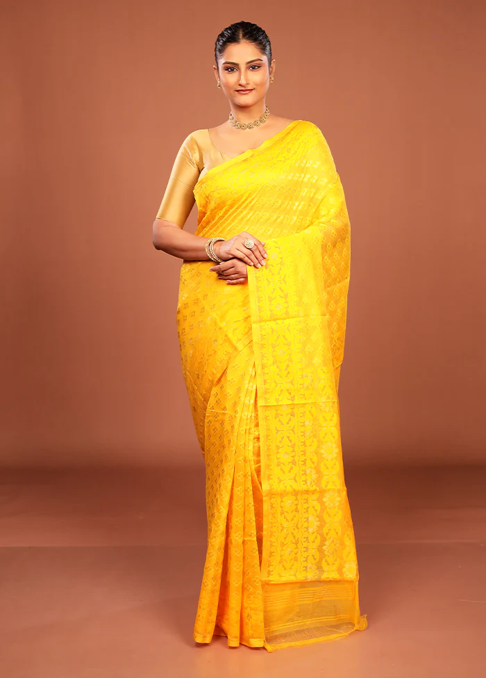Yellow Jamdani Cotton Saree Without Blouse Piece - Image 2