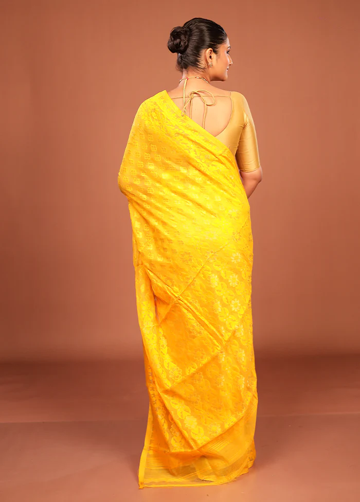 Yellow Jamdani Cotton Saree Without Blouse Piece - Image 3