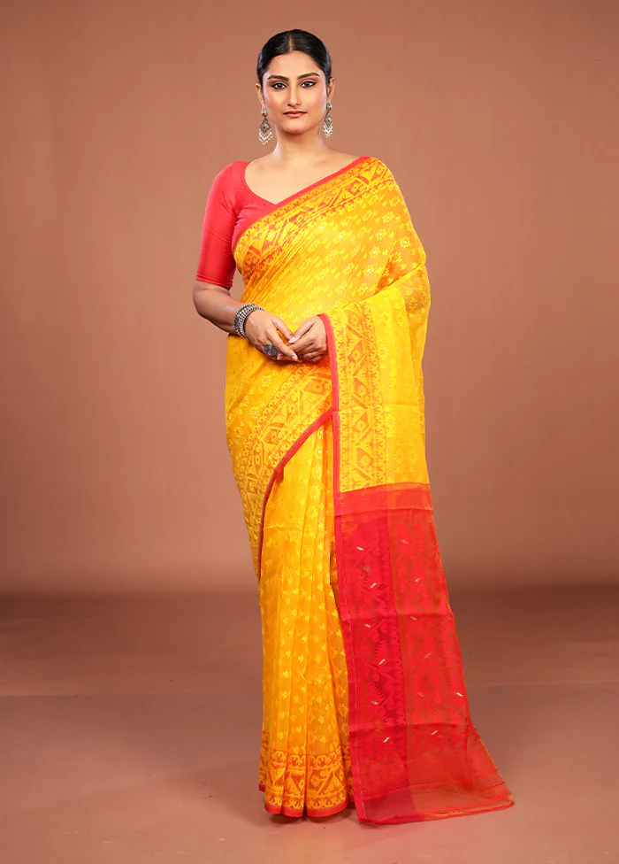 Yellow Jamdani Cotton Saree Without Blouse Piece - Image 2