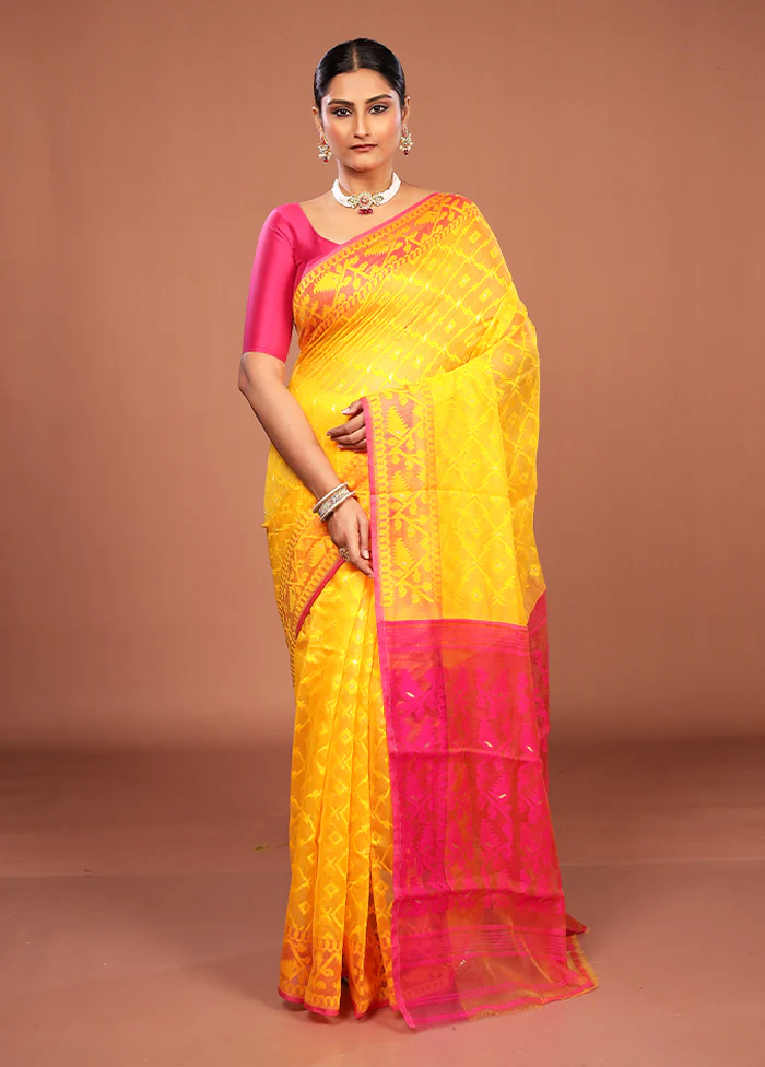 Yellow Jamdani Cotton Saree Without Blouse Piece - Image 2