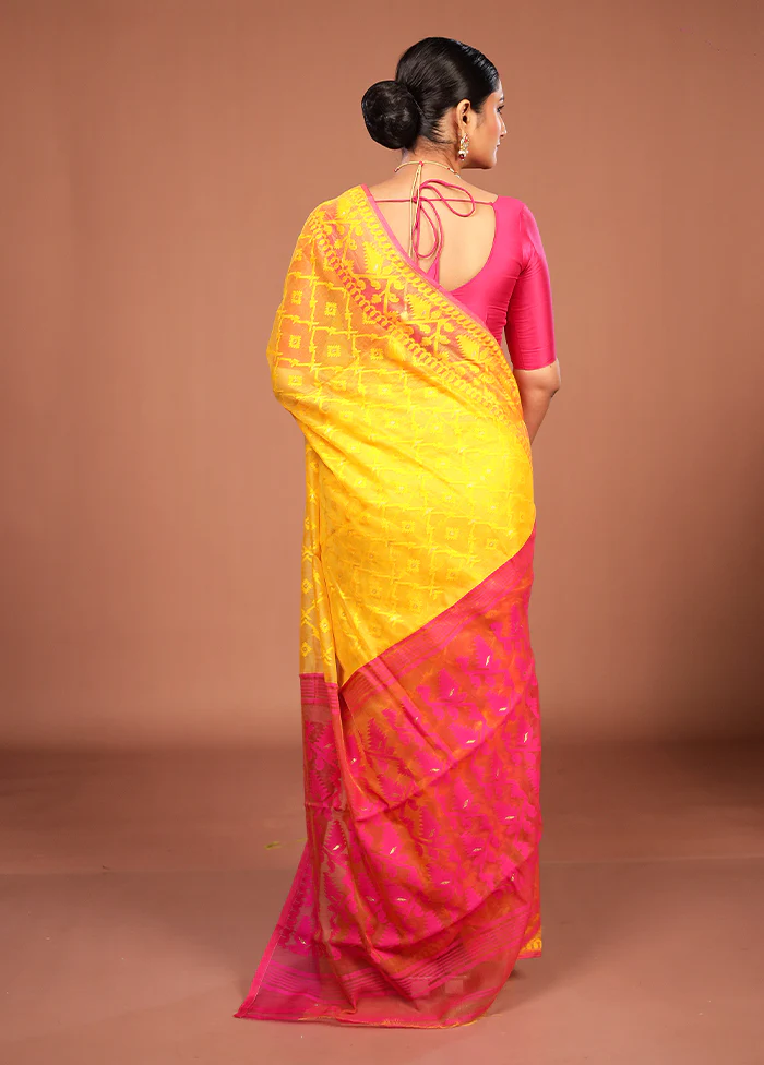 Yellow Jamdani Cotton Saree Without Blouse Piece - Image 3