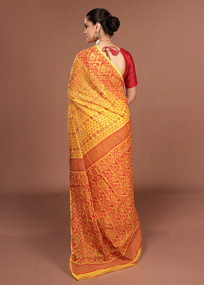 Yellow Jamdani Cotton Saree Without Blouse Piece - Image 3