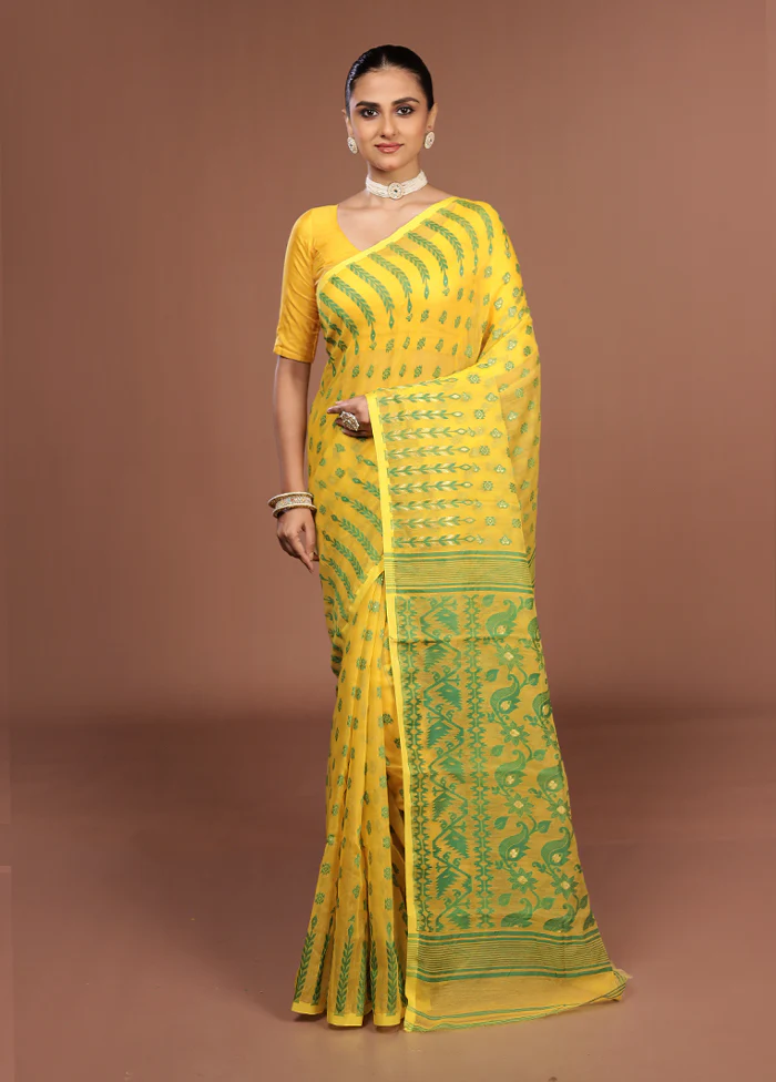Yellow Jamdani Cotton Saree Without Blouse Piece - Image 2