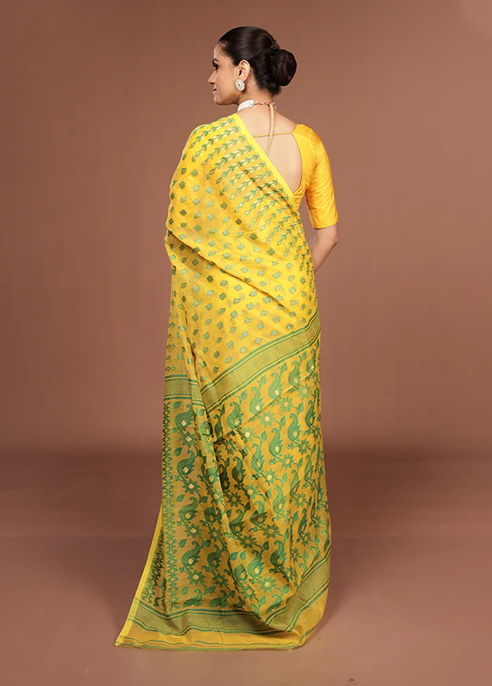 Yellow Jamdani Cotton Saree Without Blouse Piece - Image 3