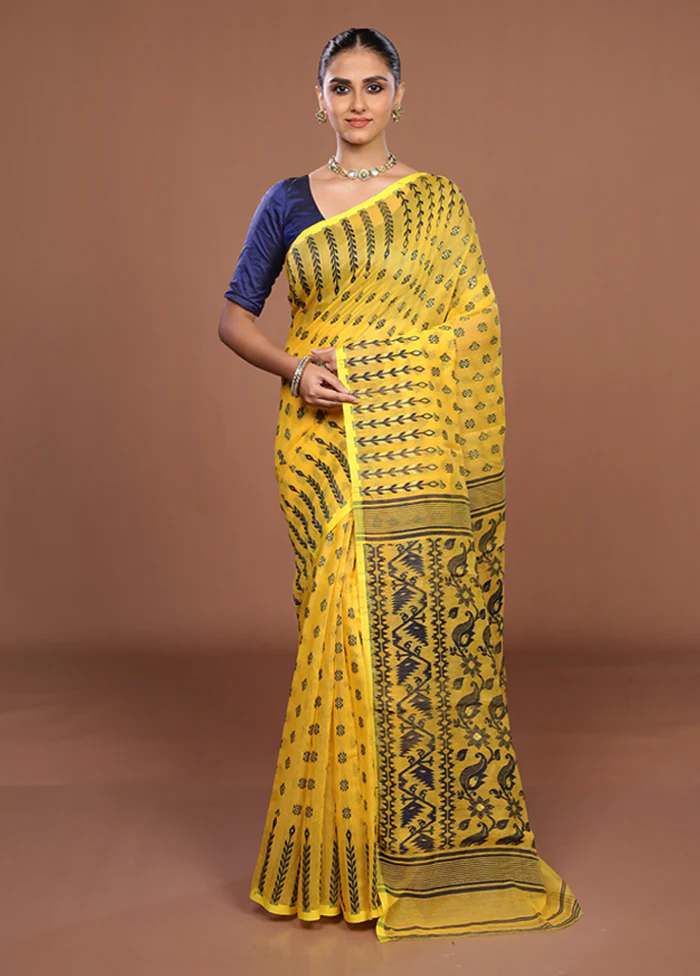Yellow Jamdani Cotton Saree Without Blouse Piece - Image 2