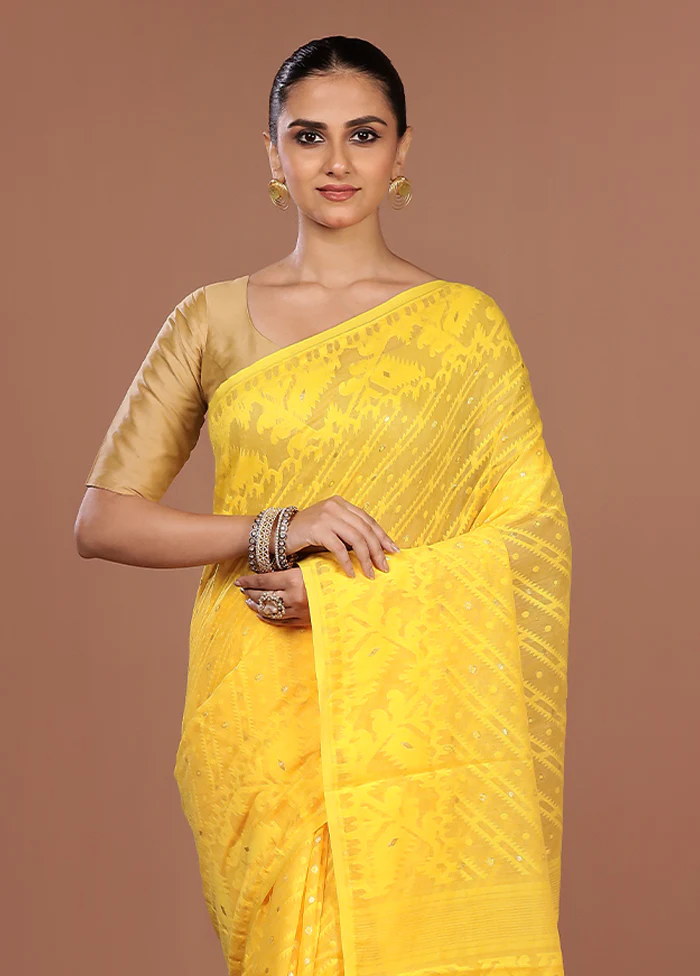 Yellow Jamdani Cotton Saree Without Blouse Piece