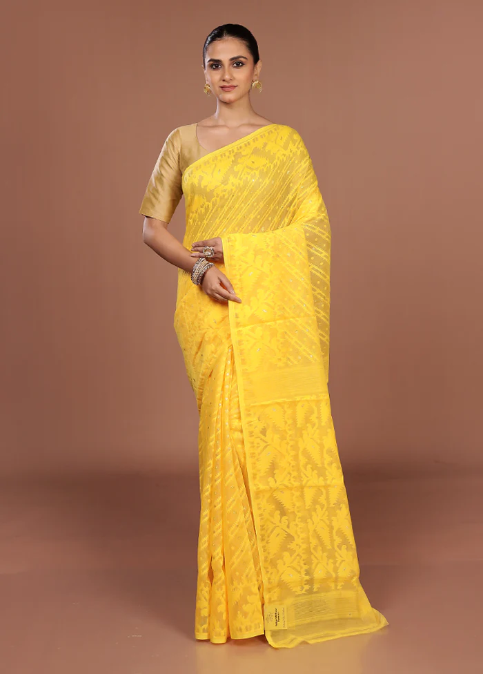 Yellow Jamdani Cotton Saree Without Blouse Piece - Image 2