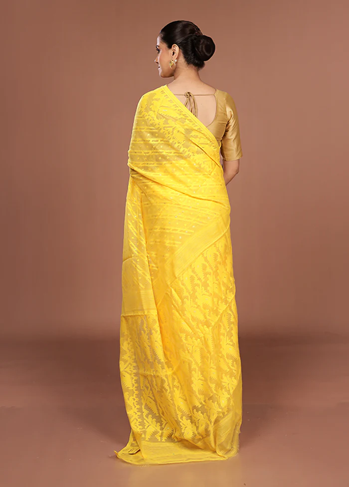 Yellow Jamdani Cotton Saree Without Blouse Piece - Image 3