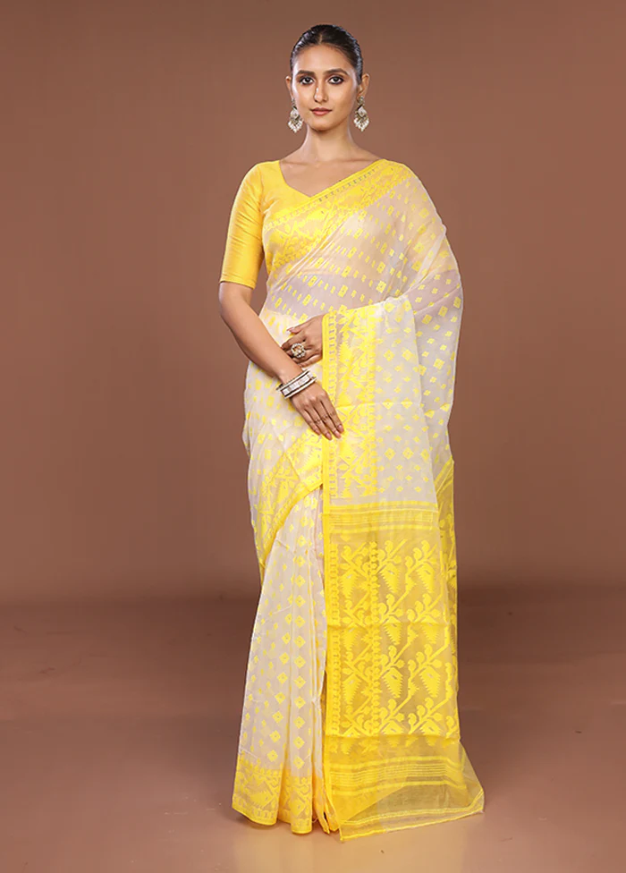 Yellow Jamdani Cotton Saree Without Blouse Piece - Image 2