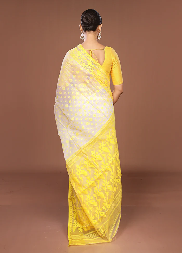 Yellow Jamdani Cotton Saree Without Blouse Piece - Image 3