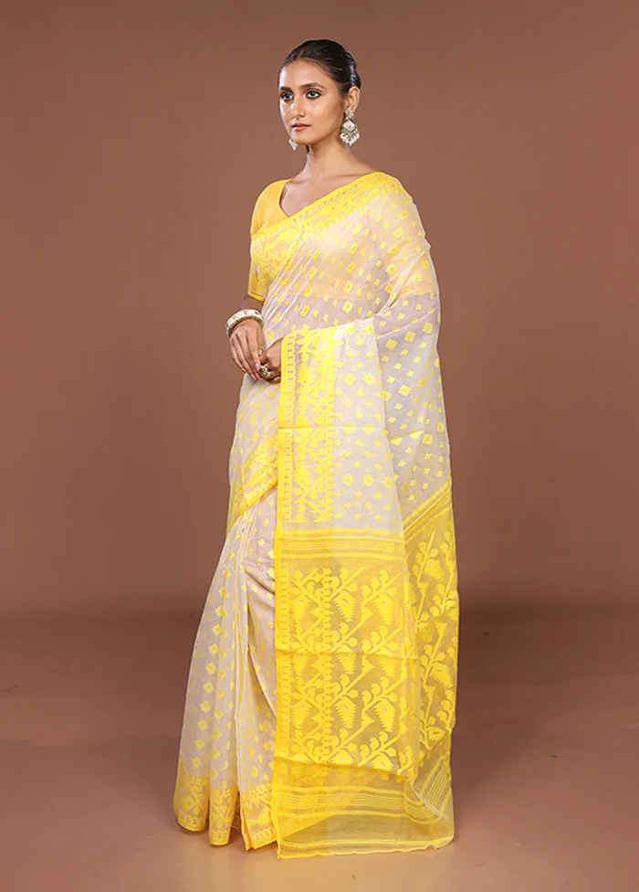 Yellow Jamdani Cotton Saree Without Blouse Piece - Image 4