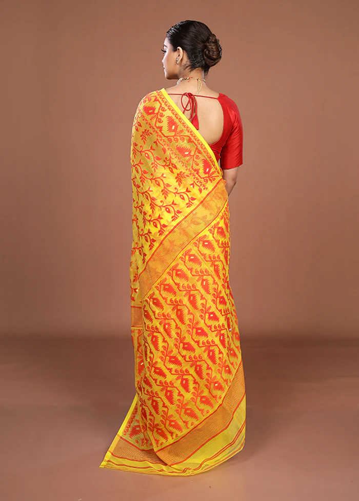 Yellow Jamdani Cotton Saree Without Blouse Piece - Image 3