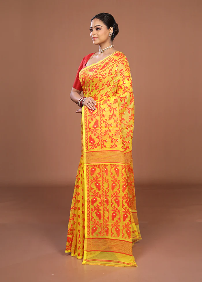 Yellow Jamdani Cotton Saree Without Blouse Piece - Image 4