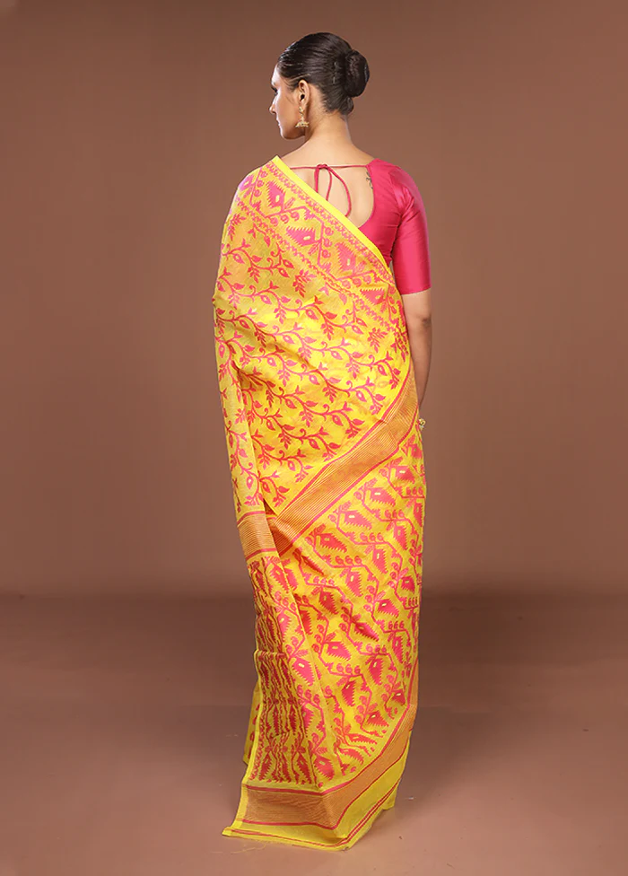 Yellow Jamdani Cotton Saree Without Blouse Piece - Image 3