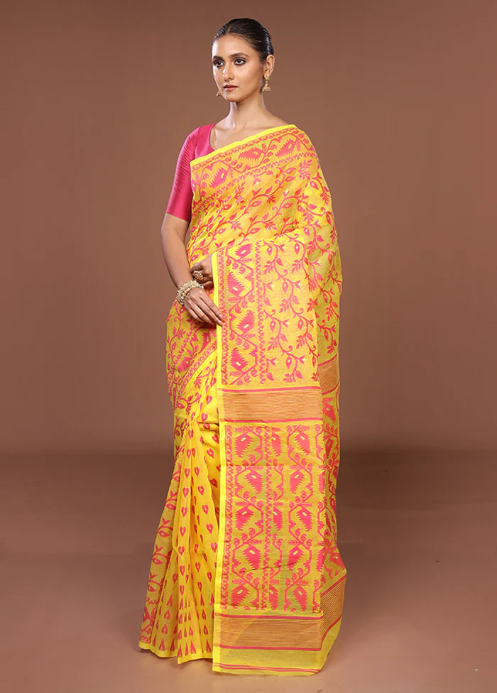 Yellow Jamdani Cotton Saree Without Blouse Piece - Image 4