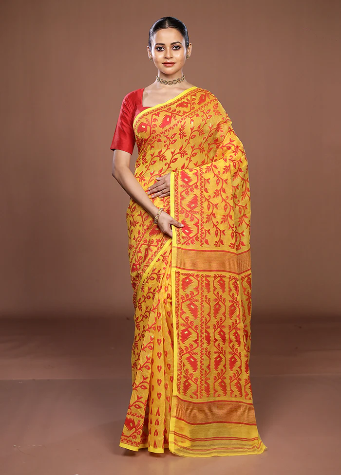 Yellow Jamdani Cotton Saree Without Blouse Piece - Image 2