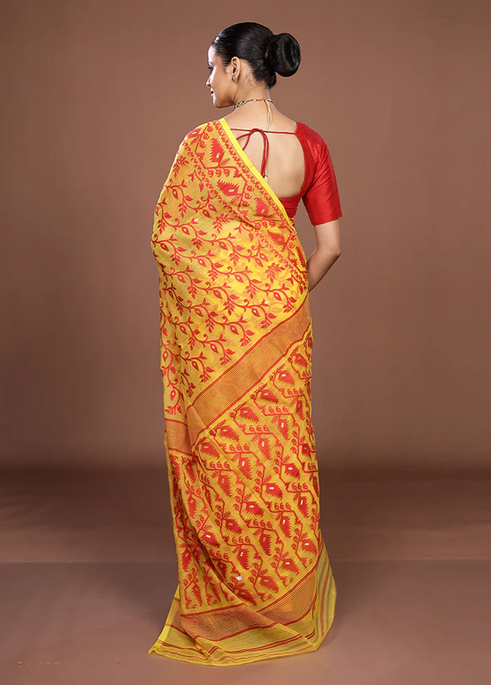 Yellow Jamdani Cotton Saree Without Blouse Piece - Image 3