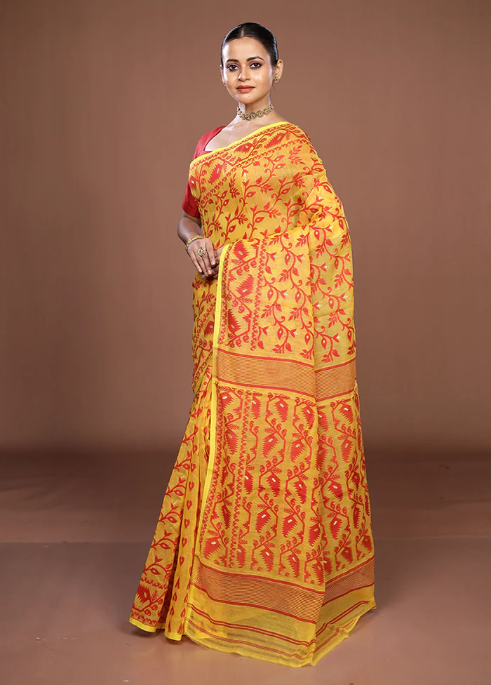 Yellow Jamdani Cotton Saree Without Blouse Piece - Image 4