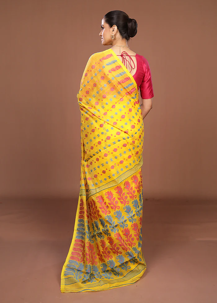 Yellow Jamdani Cotton Saree Without Blouse Piece - Image 3