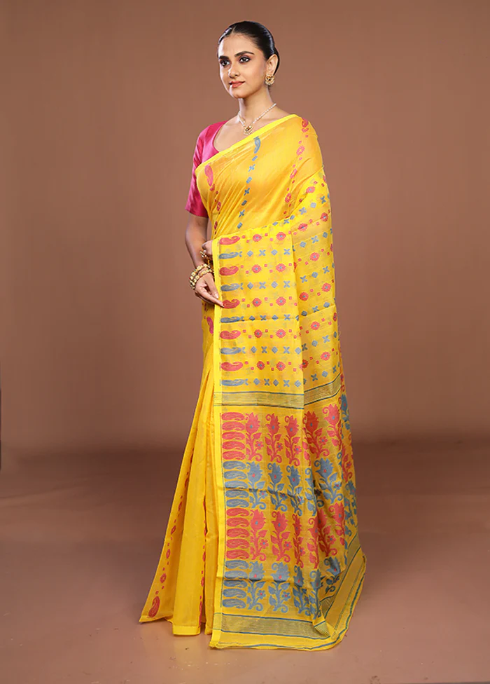 Yellow Jamdani Cotton Saree Without Blouse Piece - Image 4