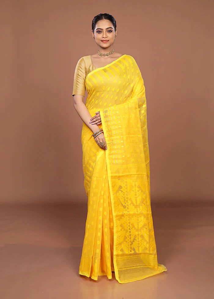 Yellow Jamdani Cotton Saree Without Blouse Piece - Image 2