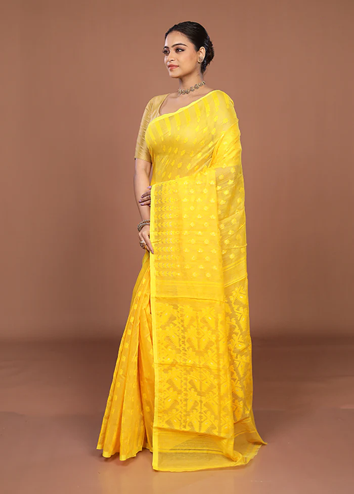 Yellow Jamdani Cotton Saree Without Blouse Piece - Image 4