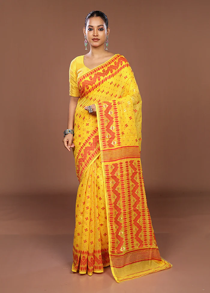 Yellow Jamdani Cotton Saree Without Blouse Piece - Image 2