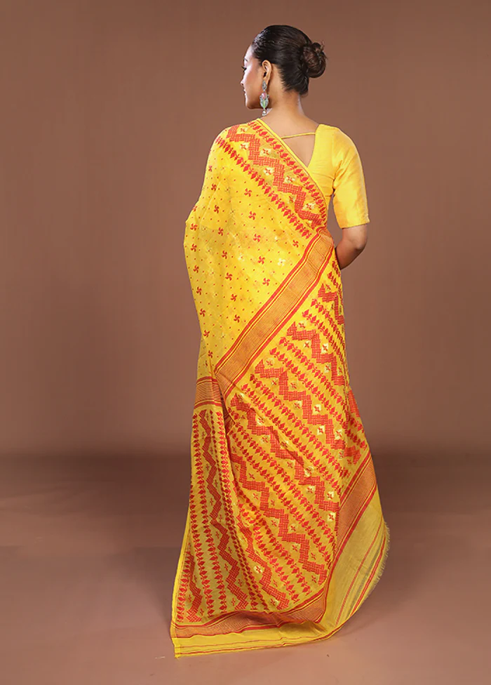 Yellow Jamdani Cotton Saree Without Blouse Piece - Image 3