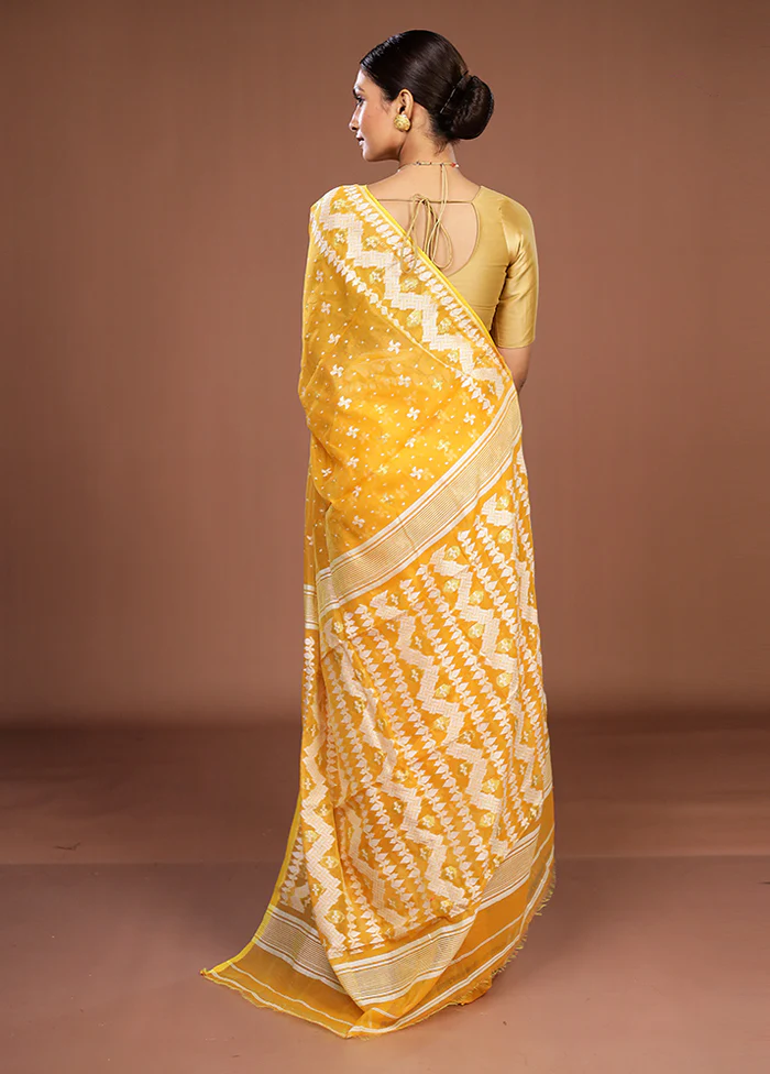 Yellow Jamdani Cotton Saree Without Blouse Piece - Image 3