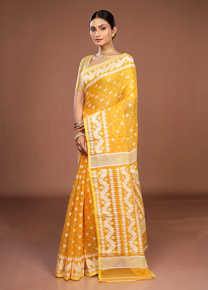 Yellow Jamdani Cotton Saree Without Blouse Piece - Image 4