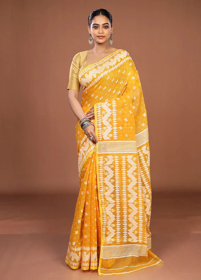 Yellow Jamdani Cotton Saree Without Blouse Piece - Image 2