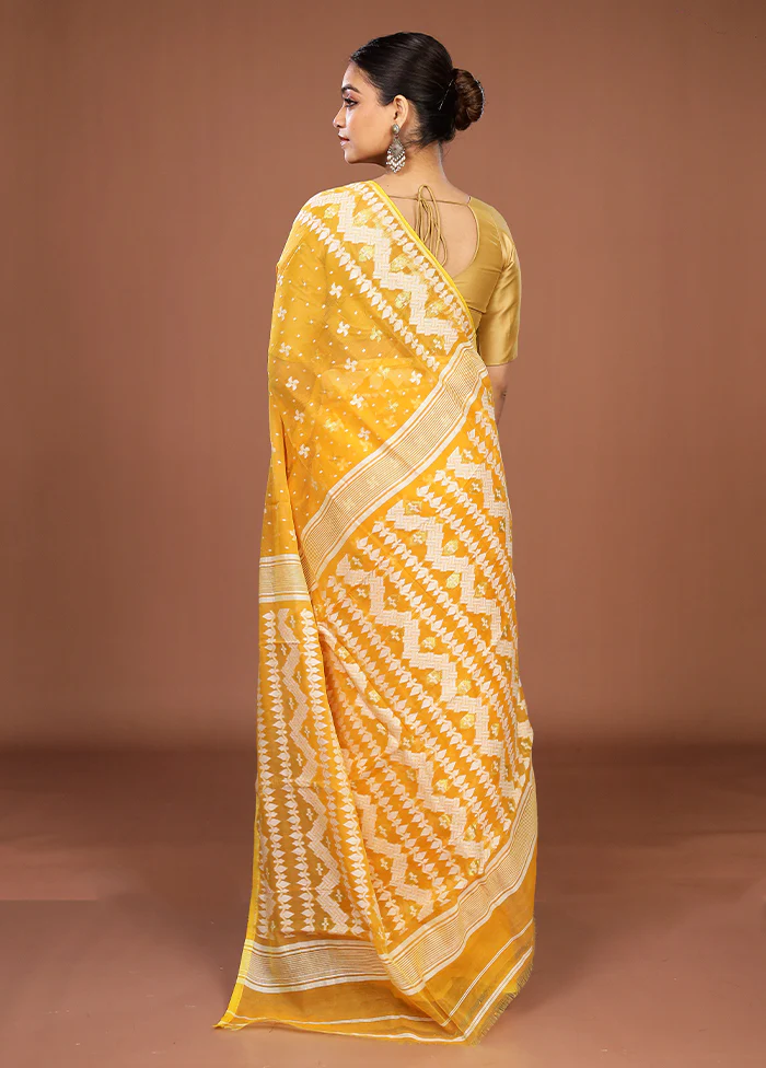 Yellow Jamdani Cotton Saree Without Blouse Piece - Image 3