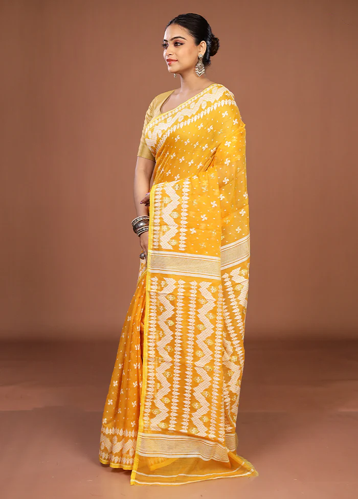 Yellow Jamdani Cotton Saree Without Blouse Piece - Image 4
