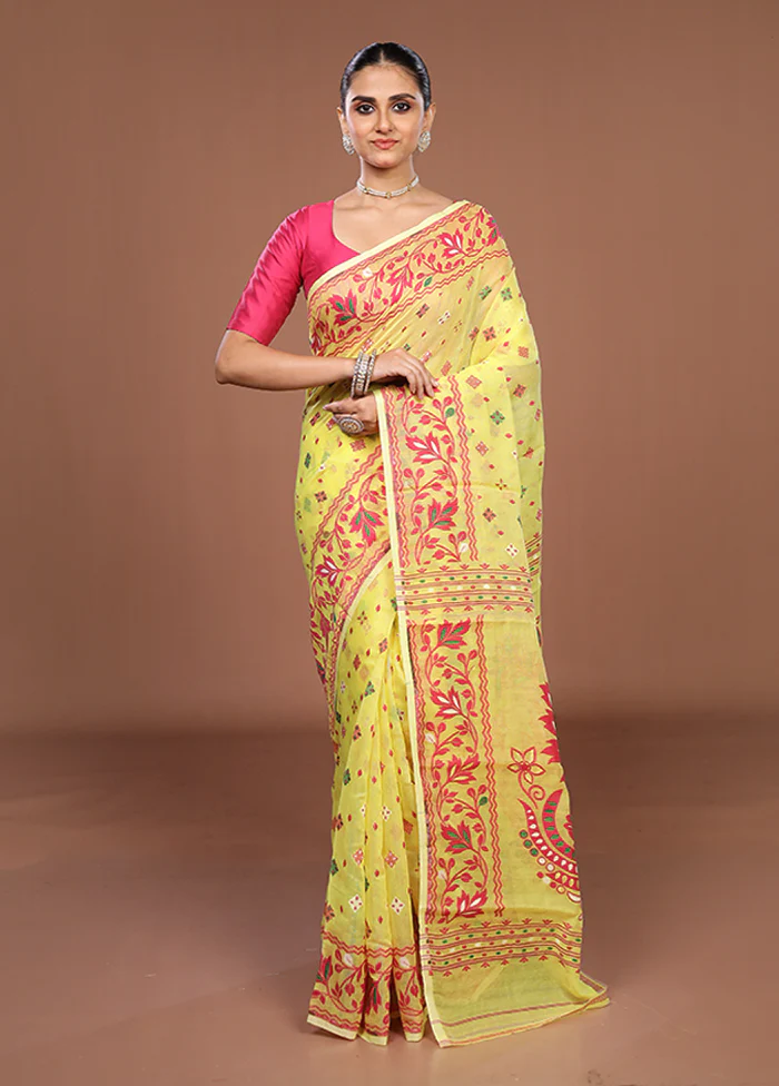 Yellow Jamdani Cotton Saree Without Blouse Piece - Image 2