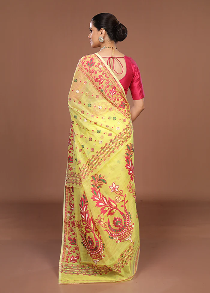 Yellow Jamdani Cotton Saree Without Blouse Piece - Image 3