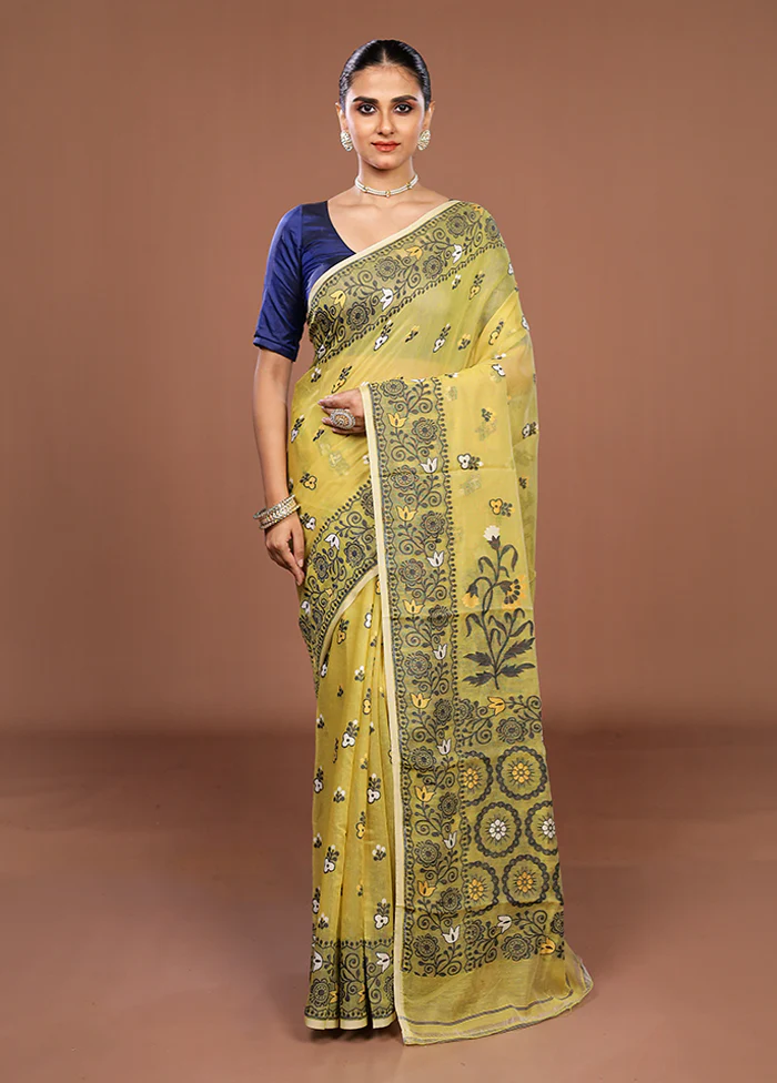 Yellow Jamdani Cotton Saree Without Blouse Piece - Image 2