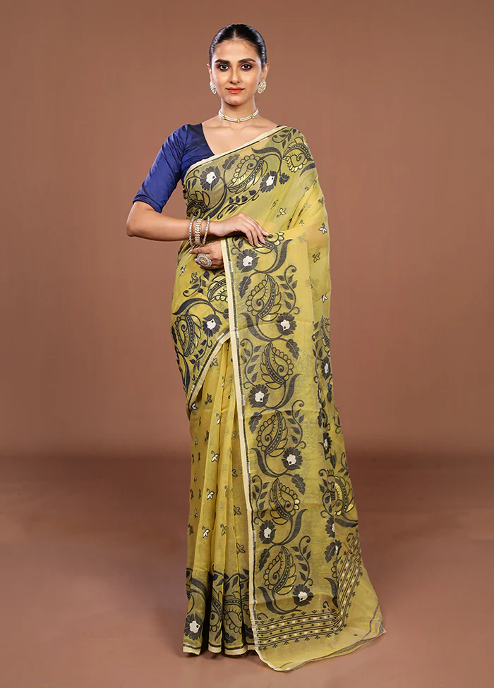 Yellow Jamdani Cotton Saree Without Blouse Piece - Image 2