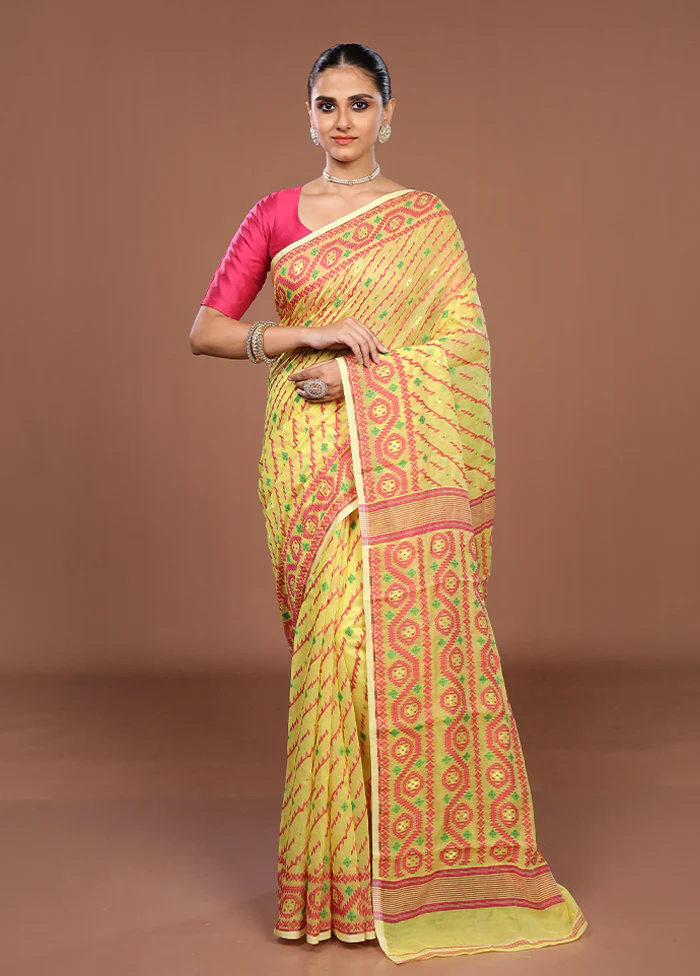 Yellow Jamdani Cotton Saree Without Blouse Piece - Image 2