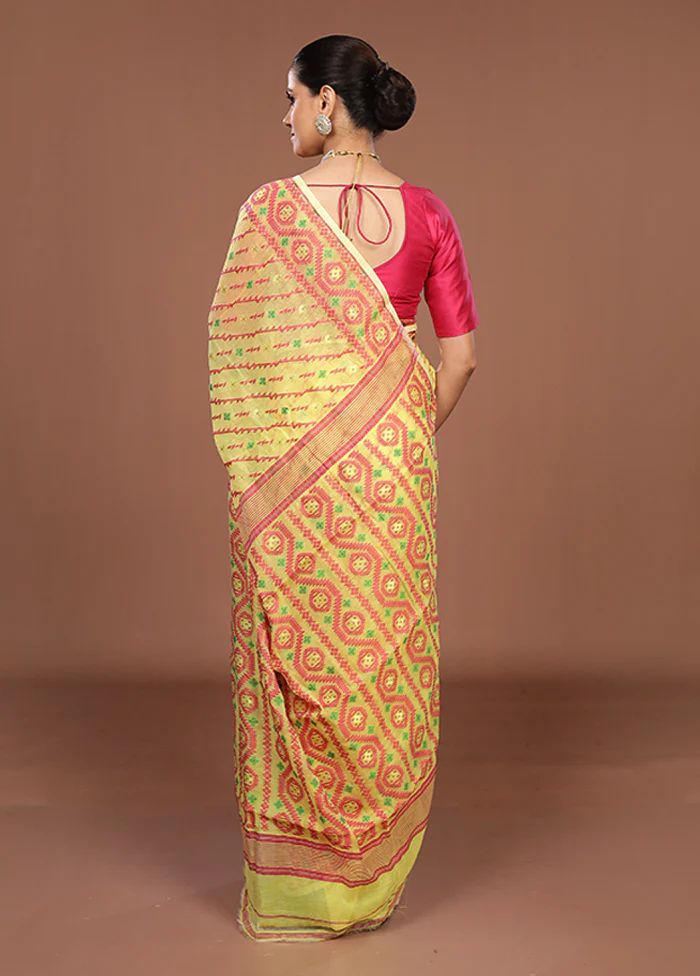 Yellow Jamdani Cotton Saree Without Blouse Piece - Image 3
