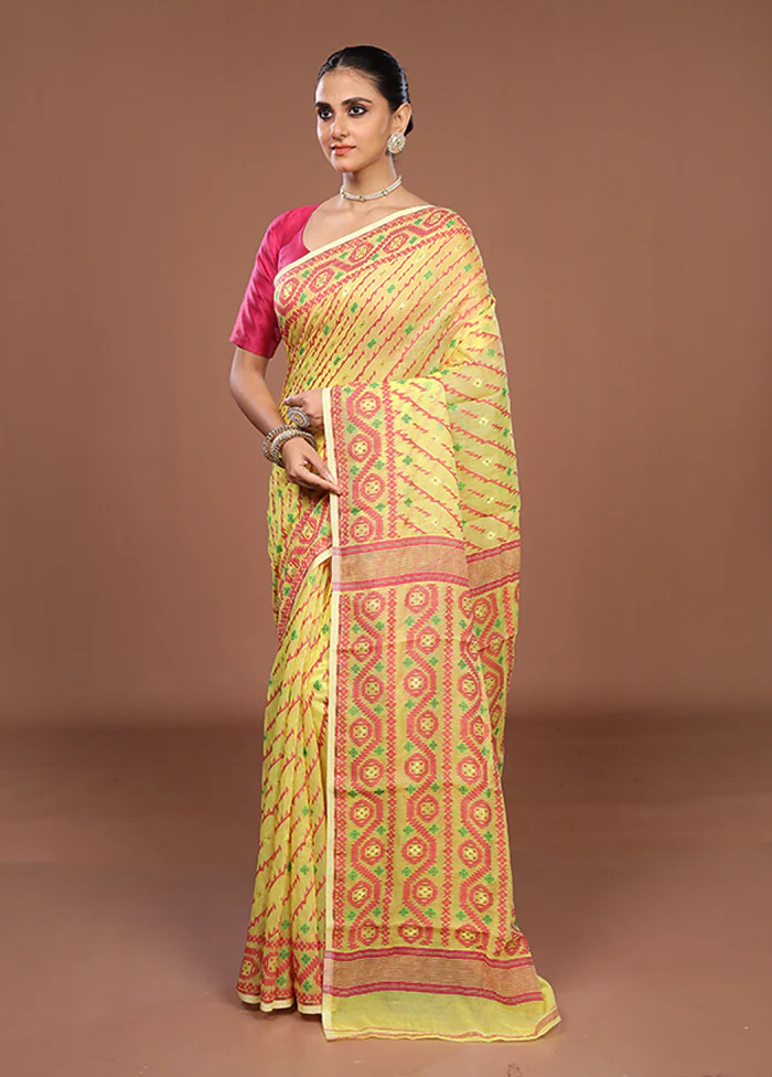 Yellow Jamdani Cotton Saree Without Blouse Piece - Image 4