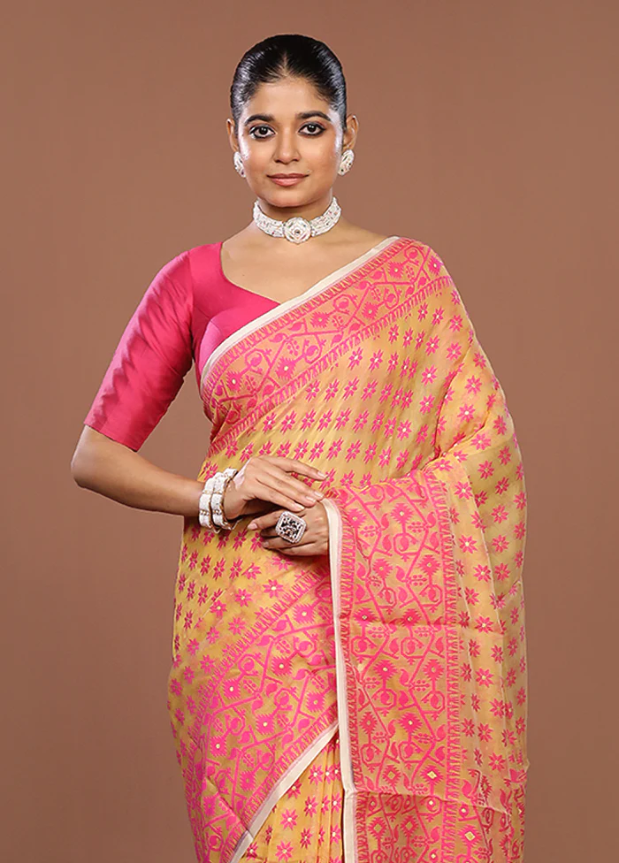 Yellow Jamdani Cotton Saree Without Blouse Piece
