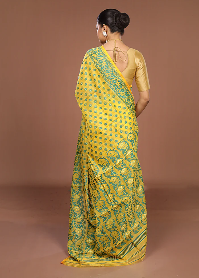 Yellow Jamdani Cotton Saree Without Blouse Piece - Image 3