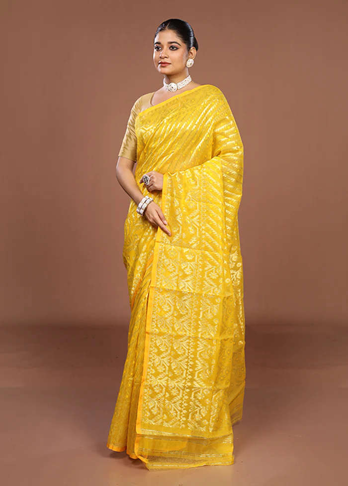Yellow Jamdani Cotton Saree Without Blouse Piece - Image 4
