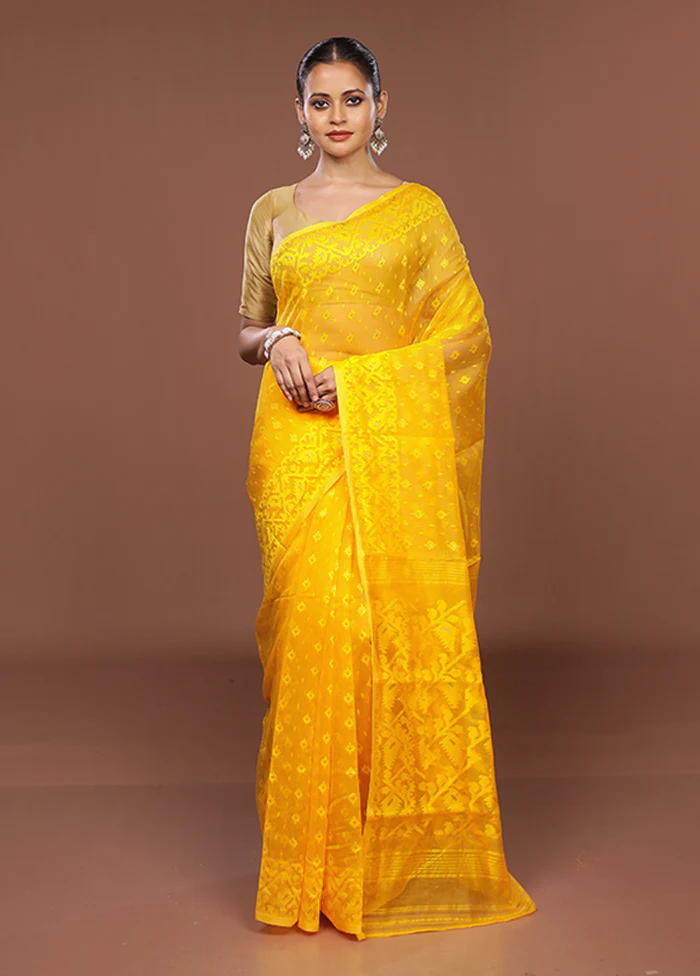 Yellow Jamdani Cotton Saree Without Blouse Piece - Image 2