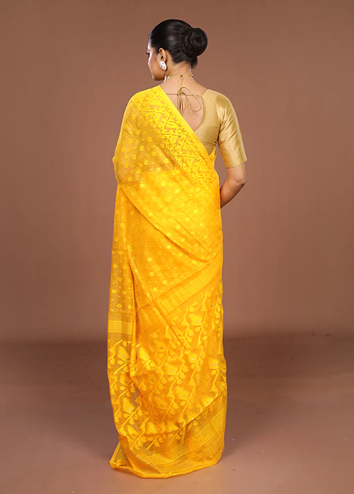 Yellow Jamdani Cotton Saree Without Blouse Piece - Image 3