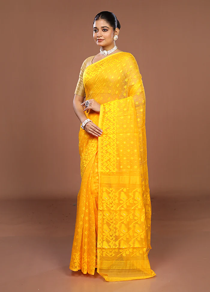 Yellow Jamdani Cotton Saree Without Blouse Piece - Image 4